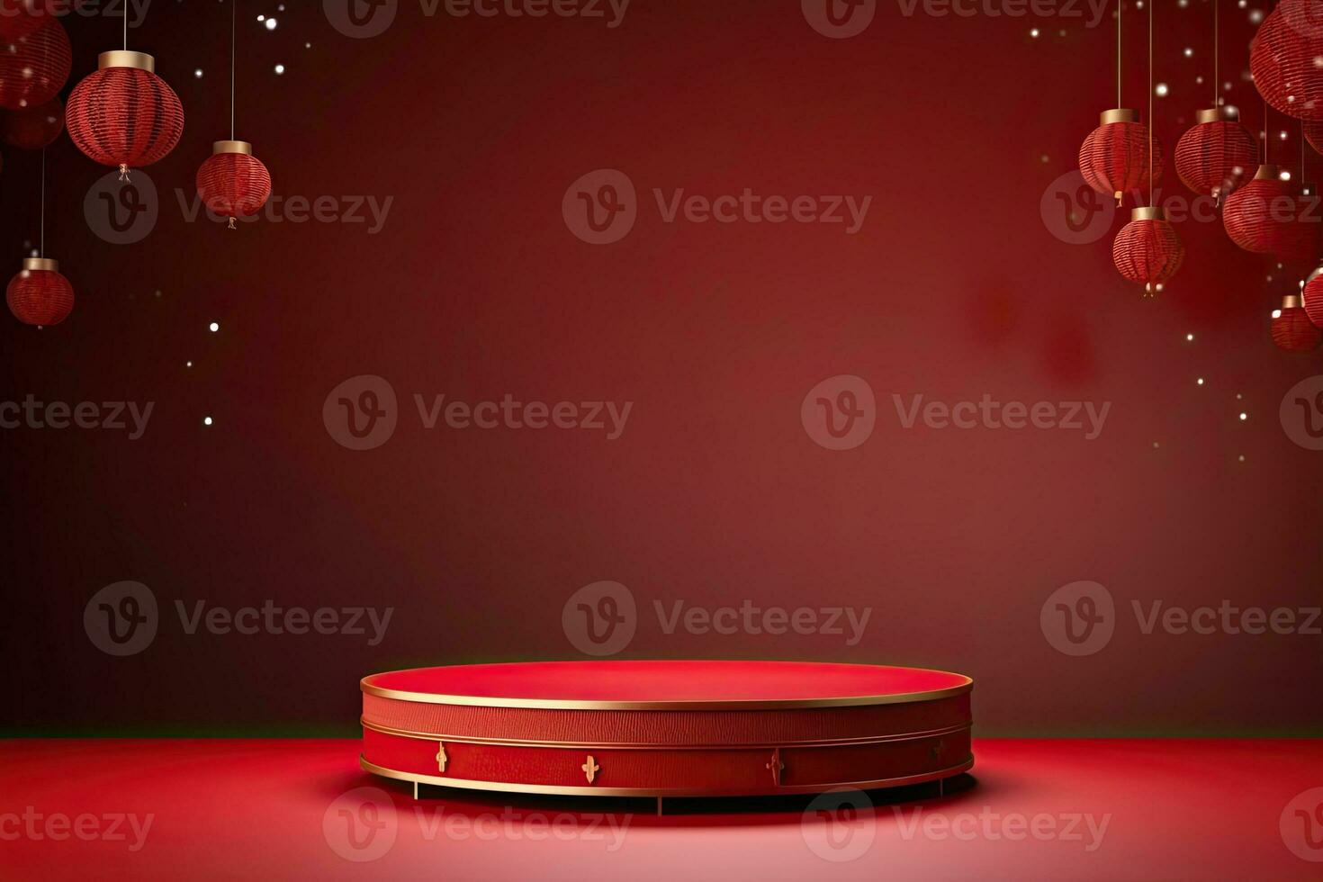 Generative AI, Red podium with lantern chinese new year and gift box product stand podium background pedestal 3d photo