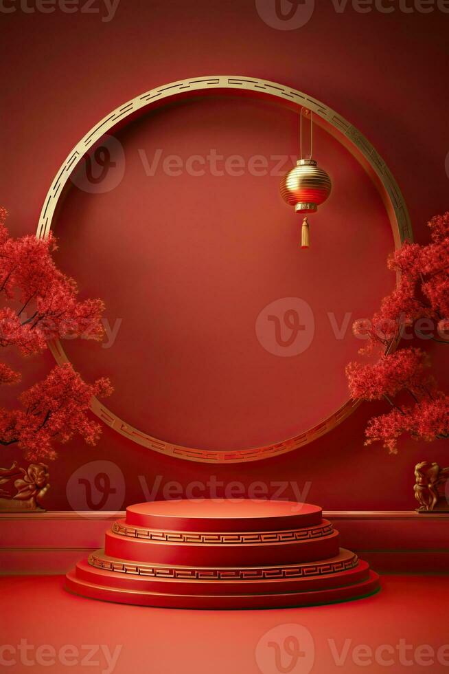 Generative AI, Red podium with lantern chinese new year and gift box product stand podium background pedestal 3d photo