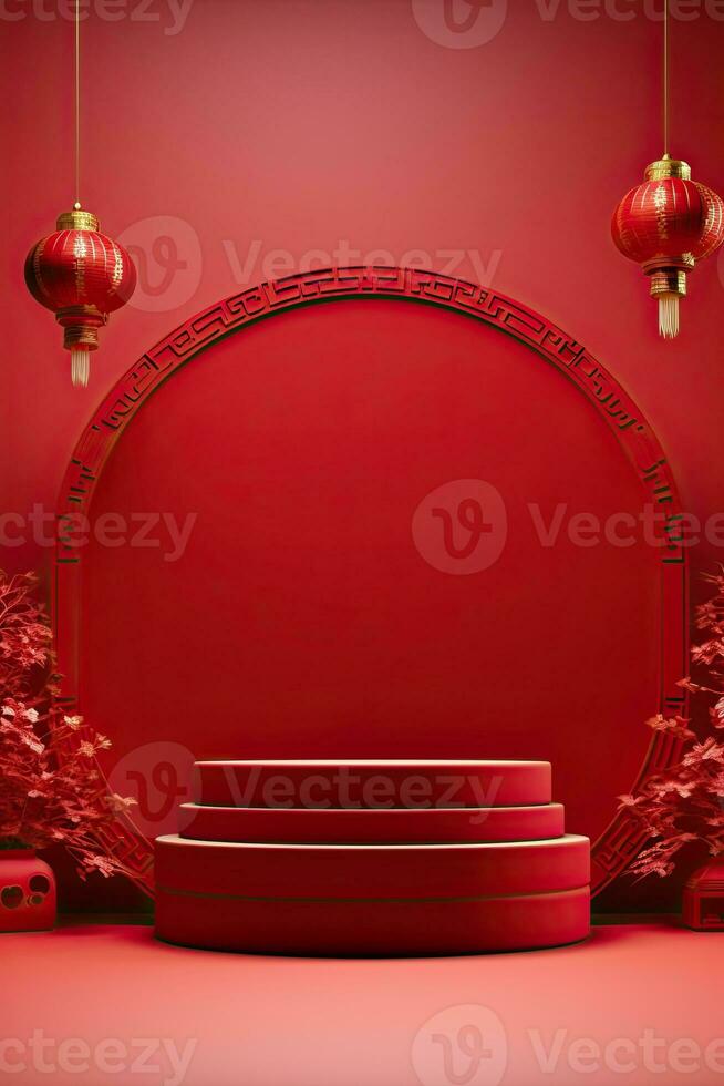 Generative AI, Red podium with lantern chinese new year and gift box product stand podium background pedestal 3d photo