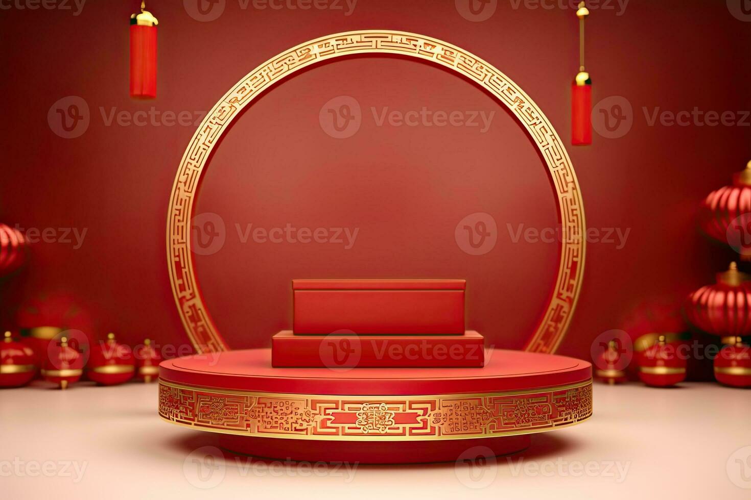 Generative AI, Red podium with lantern chinese new year and gift box product stand podium background pedestal 3d photo