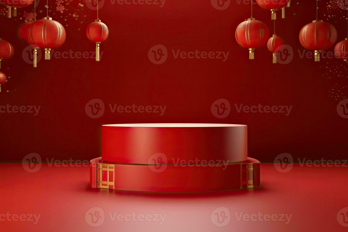 Generative AI, Red podium with lantern chinese new year and gift box product stand podium background pedestal 3d photo