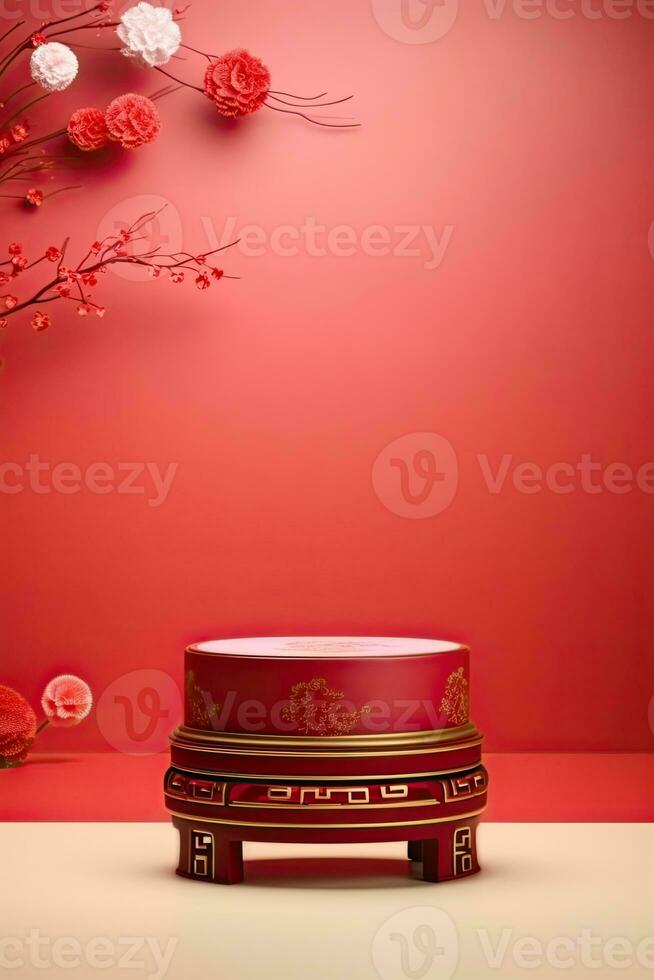 Generative AI, Red podium with lantern chinese new year and gift box product stand podium background pedestal 3d photo