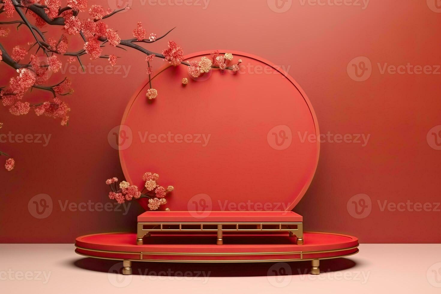 Generative AI, Red podium with lantern chinese new year and gift box product stand podium background pedestal 3d photo