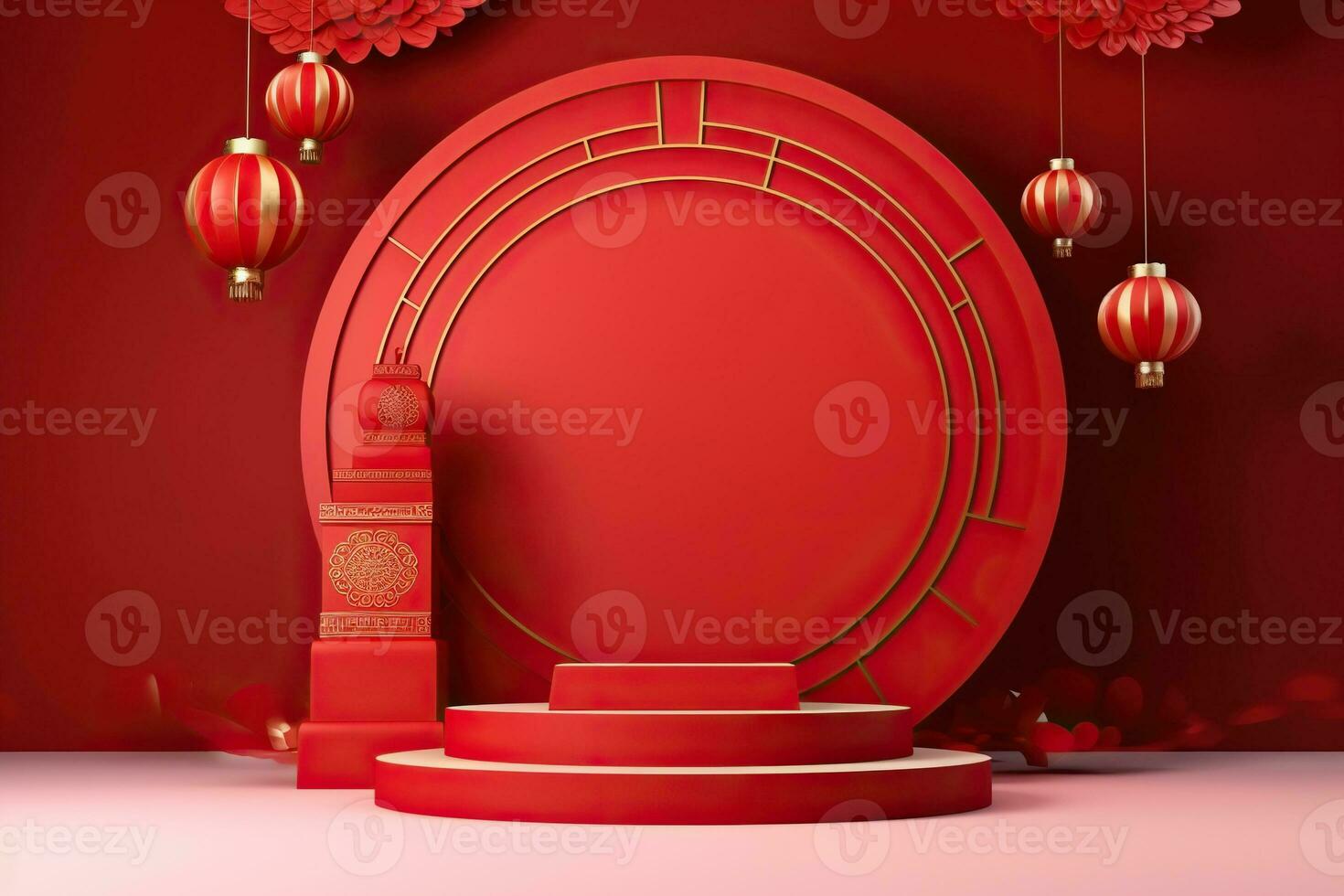 Generative AI, Red podium with lantern chinese new year and gift box product stand podium background pedestal 3d photo