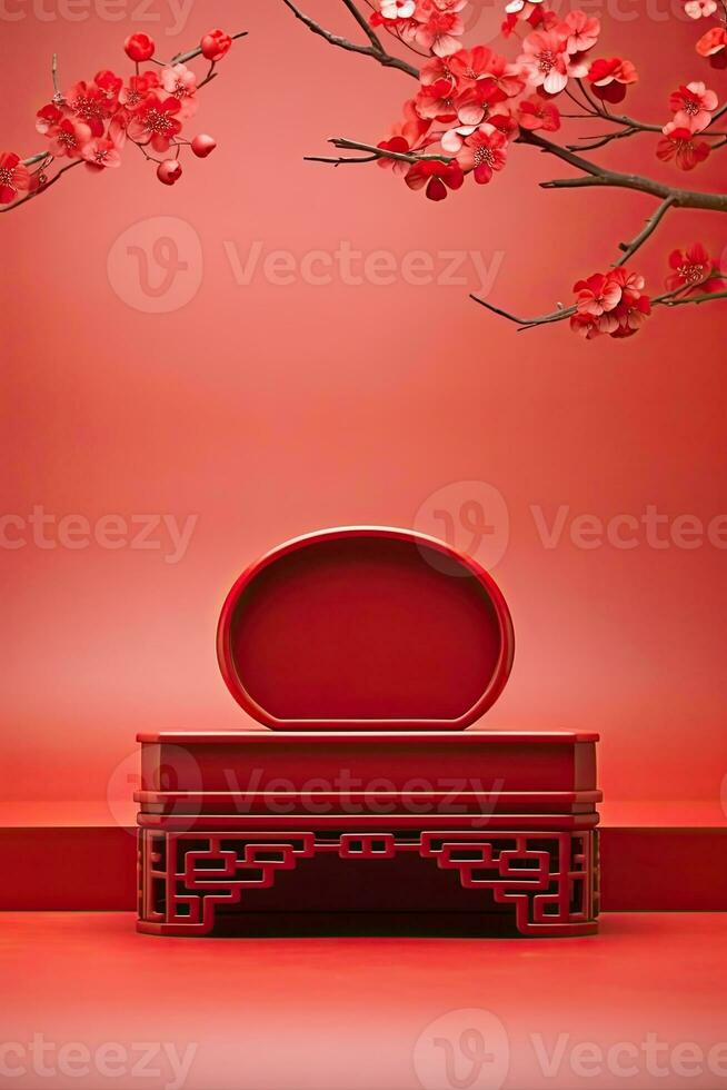 Generative AI, Red podium with lantern chinese new year and gift box product stand podium background pedestal 3d photo