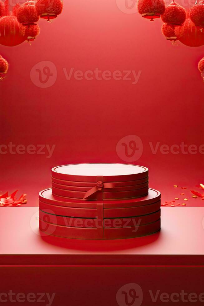 Generative AI, Red podium with lantern chinese new year and gift box product stand podium background pedestal 3d photo