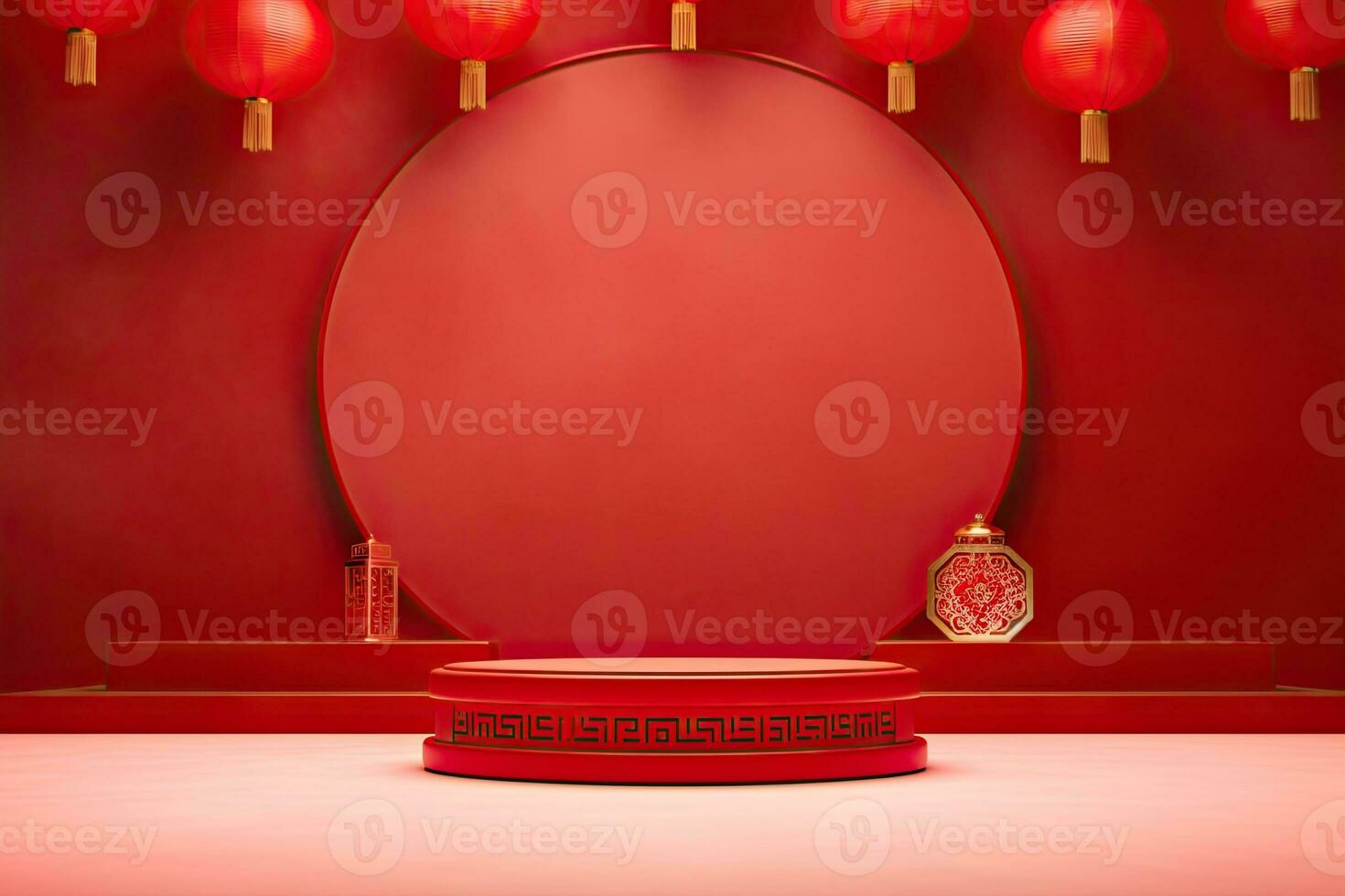 Generative AI, Red podium with lantern chinese new year and gift box product stand podium background pedestal 3d photo