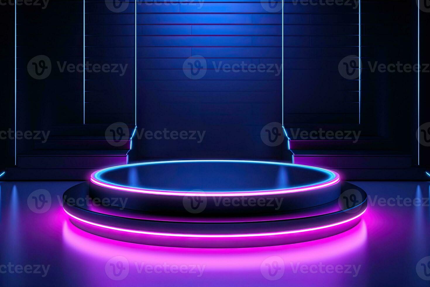 Generative AI, Metal lighting neon podium cyberpunk unreal city pink blue neon lasers stage product display background, 3d illustration empty display showroom photo