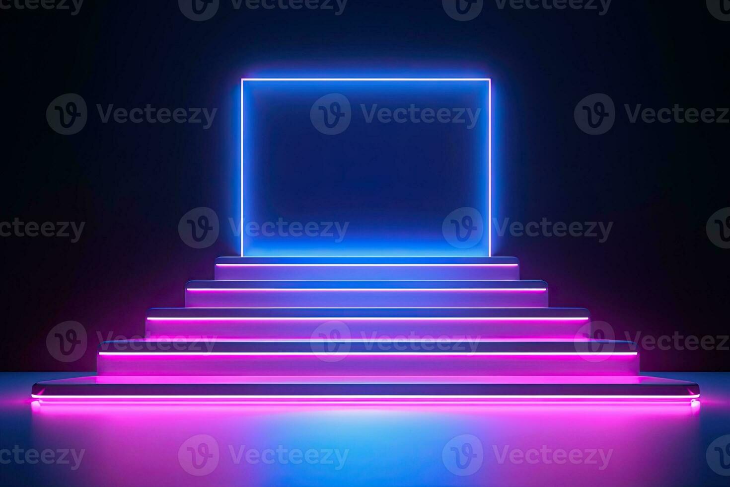 Generative AI, Metal lighting neon podium cyberpunk unreal city pink blue neon lasers stage product display background, 3d illustration empty display showroom photo