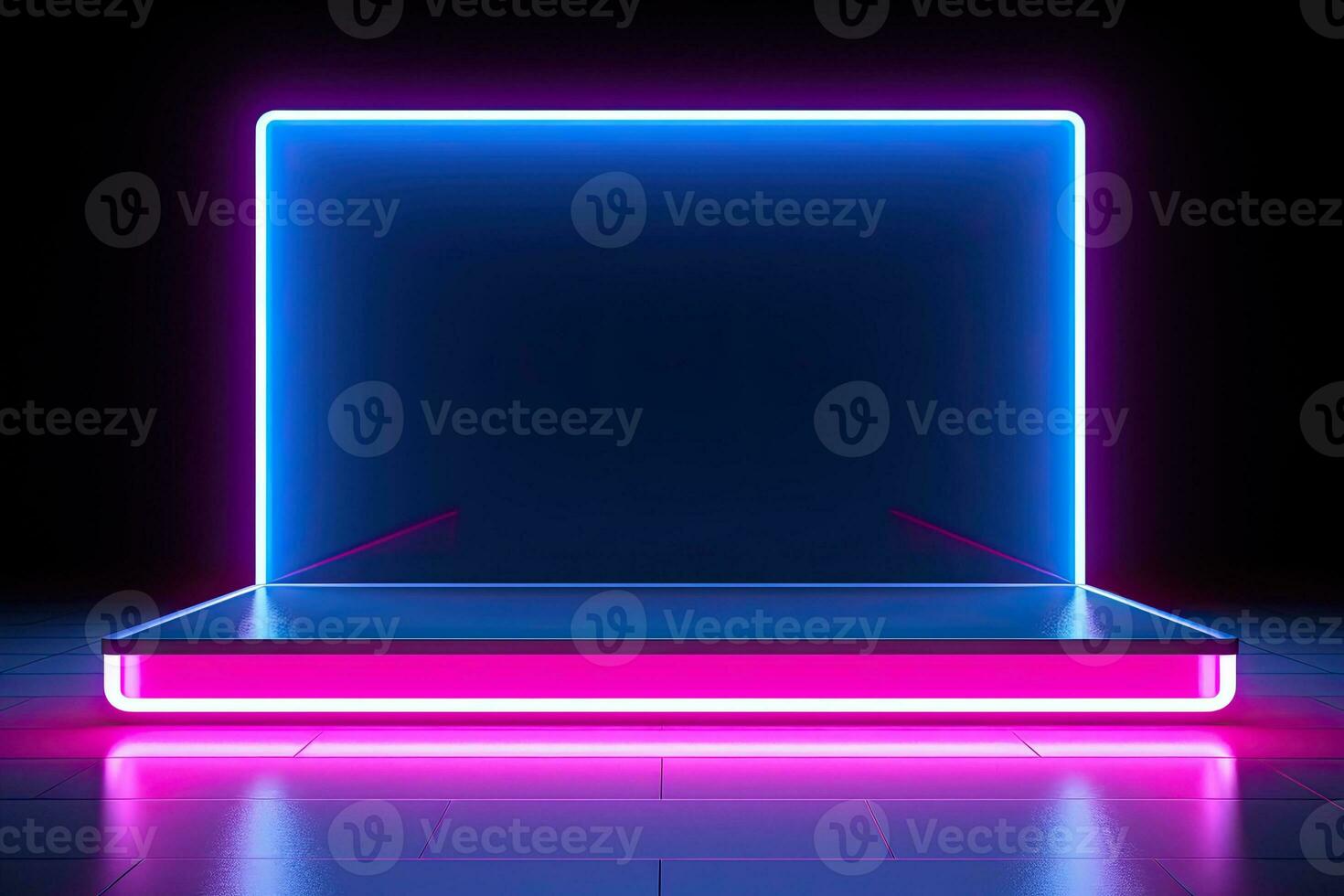 Generative AI, Metal lighting neon podium cyberpunk unreal city pink blue neon lasers stage product display background, 3d illustration empty display showroom photo