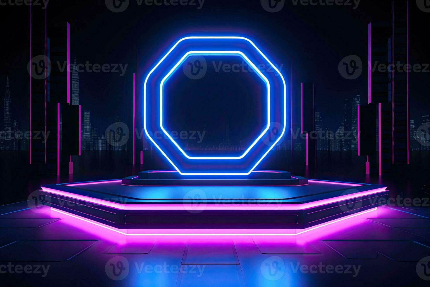 Generative AI, Metal lighting neon podium cyberpunk unreal city pink blue neon lasers stage product display background, 3d illustration empty display showroom photo