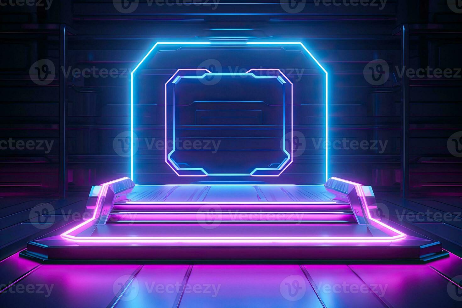 Generative AI, Metal lighting neon podium cyberpunk unreal city pink blue neon lasers stage product display background, 3d illustration empty display showroom photo