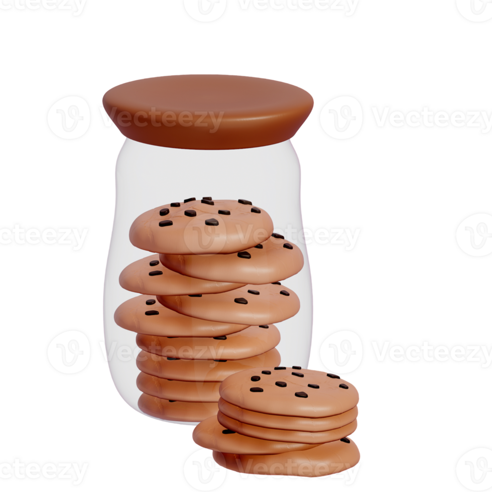 Chocolate Dessert 3D Clipart , set of Chocolate Chip Cookies Placed in white jar png