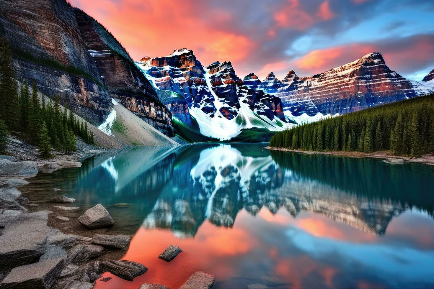 AI generated Moraine lake in Banff National Park, Alberta, Canada, Taken at the peak of color during the morning sunrise at Moraine lake in Banff National park, AI Generated photo