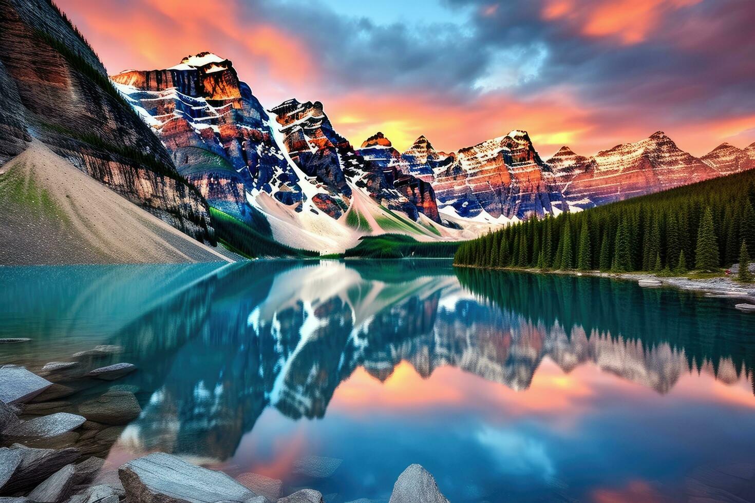 AI generated Moraine lake in Banff National Park, Alberta, Canada, Taken at the peak of color during the morning sunrise at Moraine lake in Banff National park, AI Generated photo