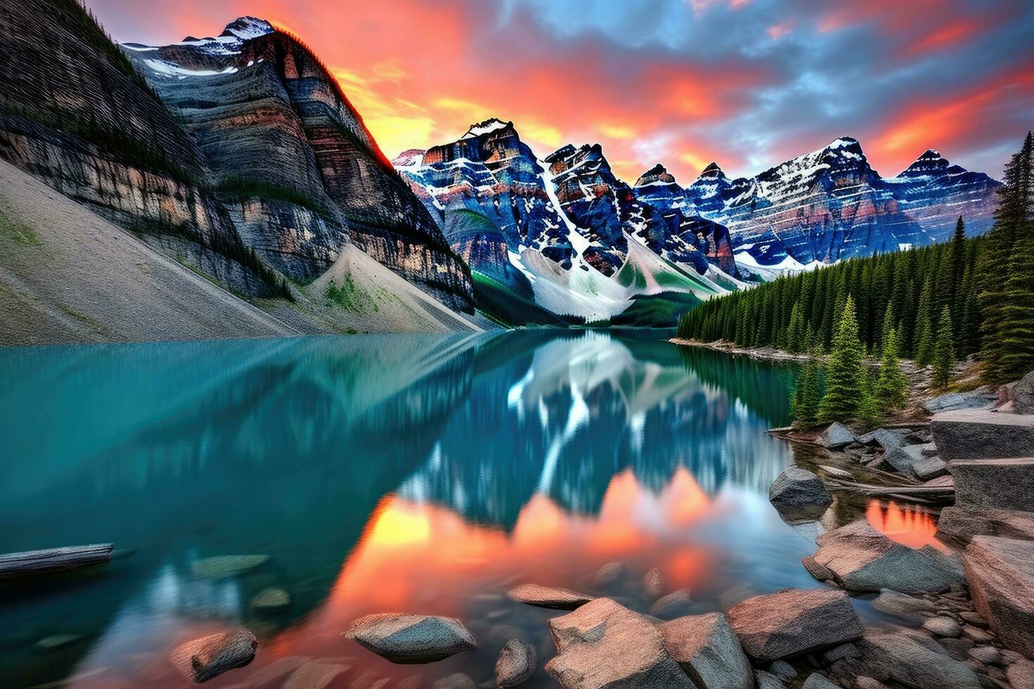 AI generated Moraine lake in Banff National Park, Alberta, Canada, Taken at the peak of color during the morning sunrise at Moraine lake in Banff National park, AI Generated photo
