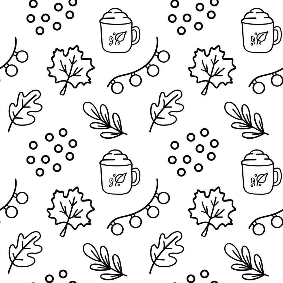 Seamless pattern of fall season. Hygge elements. Fallen leaves,  electric garland, lamp, cup with cacao and cream, oak leaf. For wallpaper,  pattern fills, web page, invitation, gift paper. vector