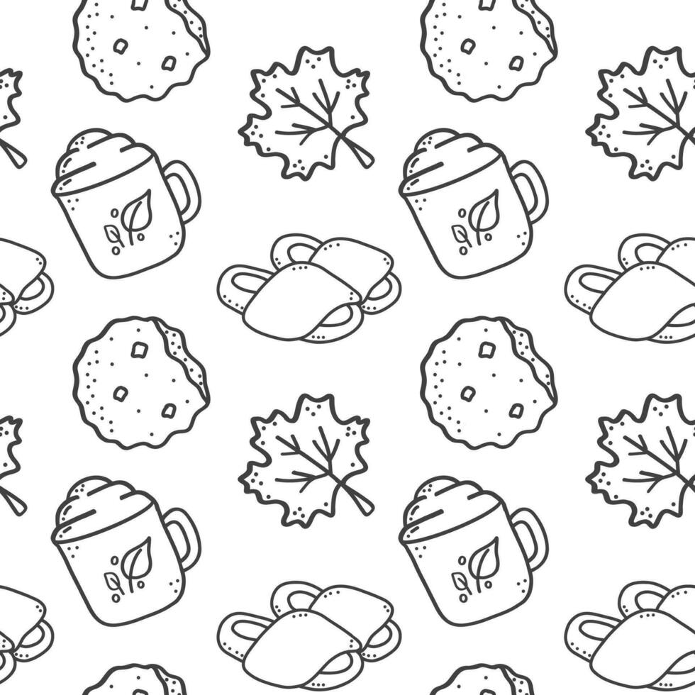 Seamless pattern of fall season. Hygge elements. Cookie, fallen leaves,  slippers. Isolated flat vector illustration. Hand drawn. For greeting card, wallpaper,  pattern fills, background, invitation.