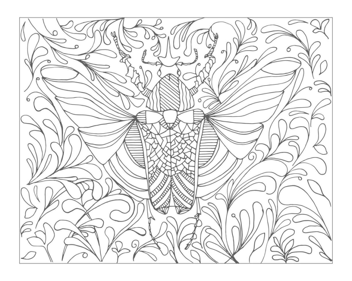Goliath beetle coloring is simple. A sketch bug drawn by hand for relax and anti stress. Coloring book, coloring page for adult   with doodle, zentangle design elements. vector
