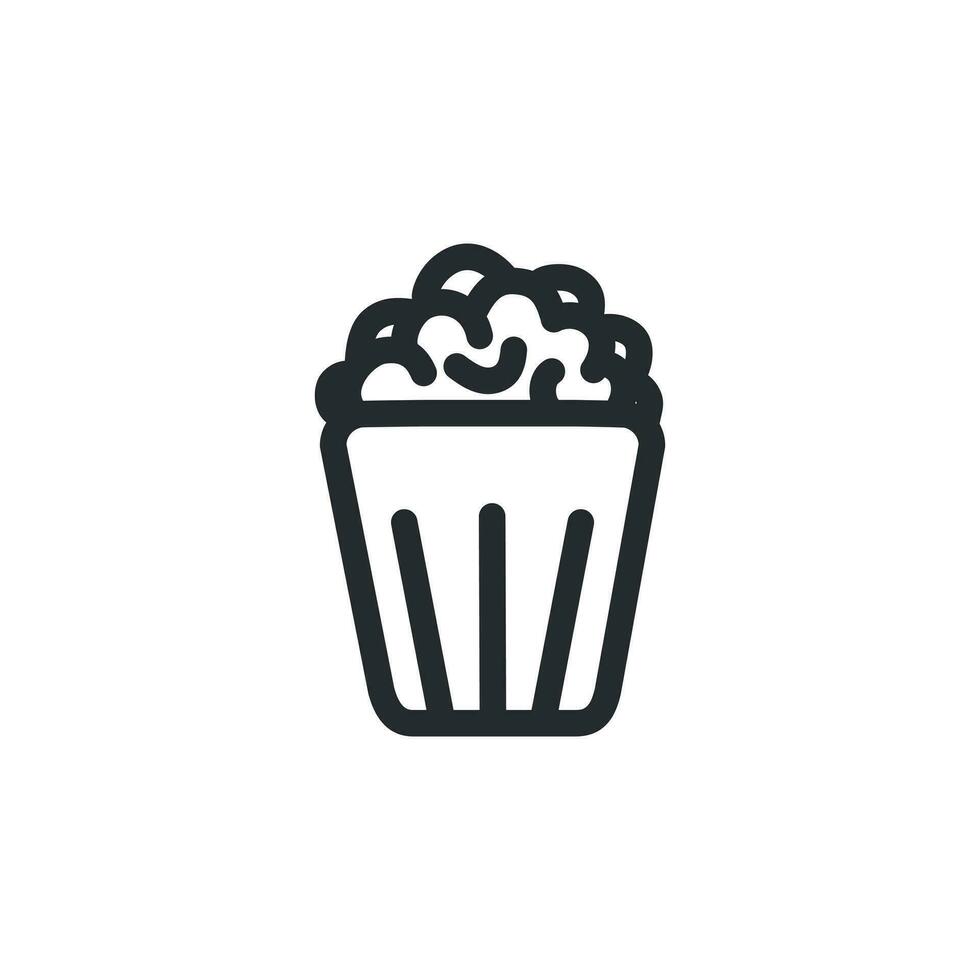 Popcorn line icon with text. Popcorn, bucket, box.  Vector illustration isolated on white background. Food, snack.