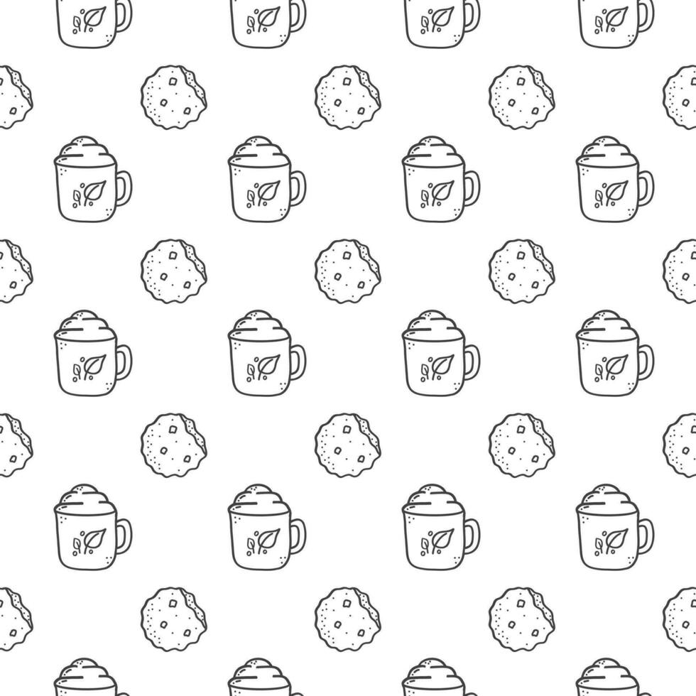 Seamless pattern with mug, cup and cookies.  Isolated flat vector illustration. Hand drawn. For greeting card, wallpaper,  pattern fills, web page, background, invitation, gift paper.