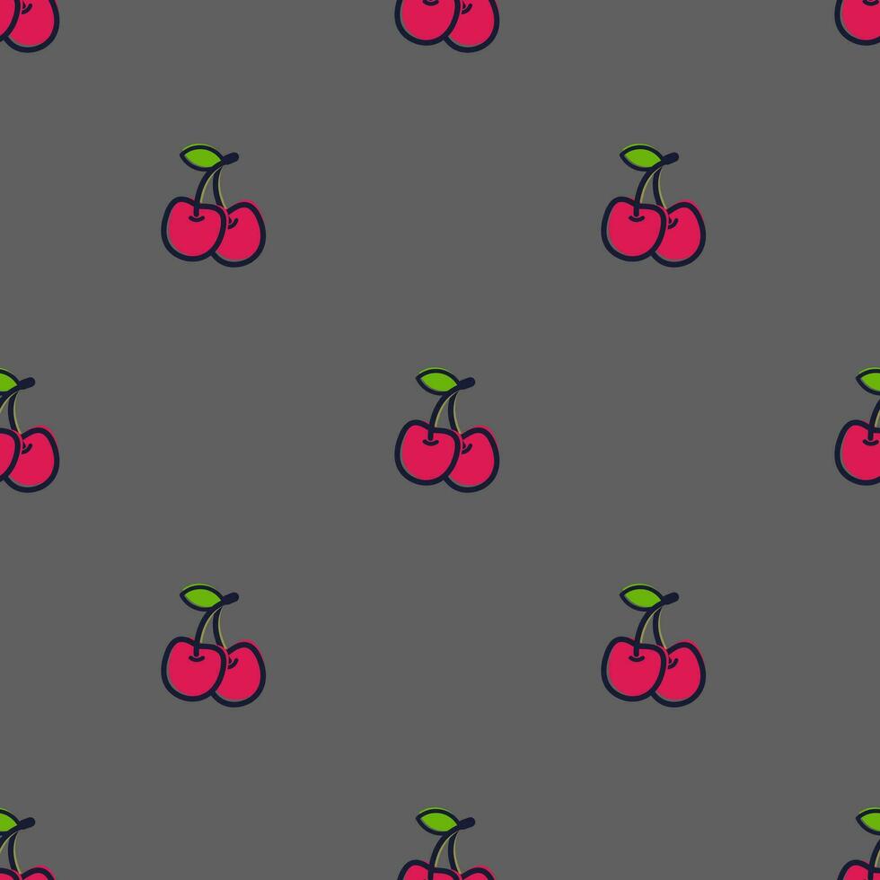Cherry seamless pattern on gray background. Red ripe berries and green leaves. Vector illustration in cartoon flat style.