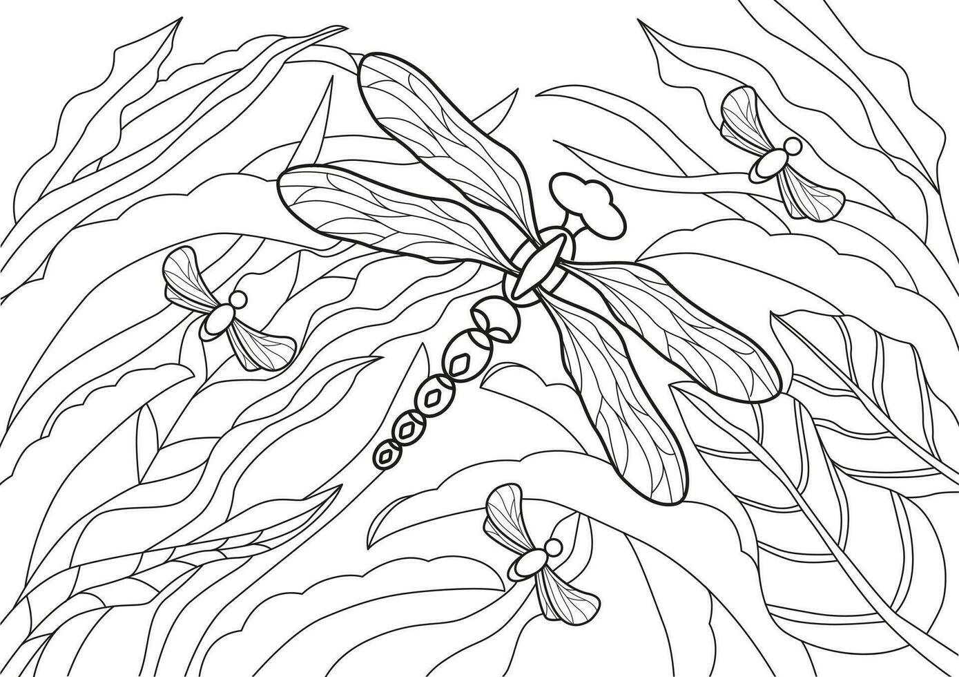 Coloring page flying dragonfly hand drawn for relaxation and stress relief. Top view. Coloring book for adults with doodles, design elements. vector