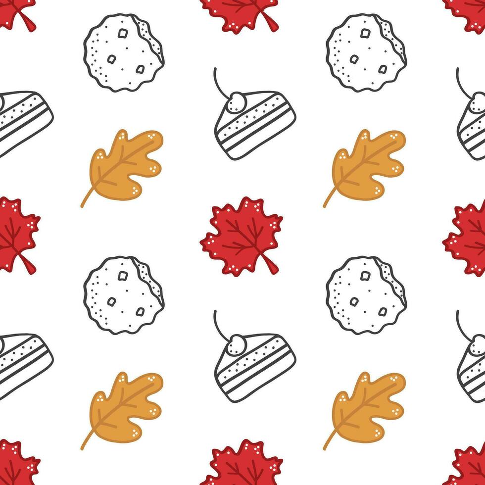 Sweet seamless pattern with autumn leaves oak, maple, orange, and cherry pie, cookies. For greeting card, wallpaper,  pattern fills, web page, background, invitation, gift paper. vector