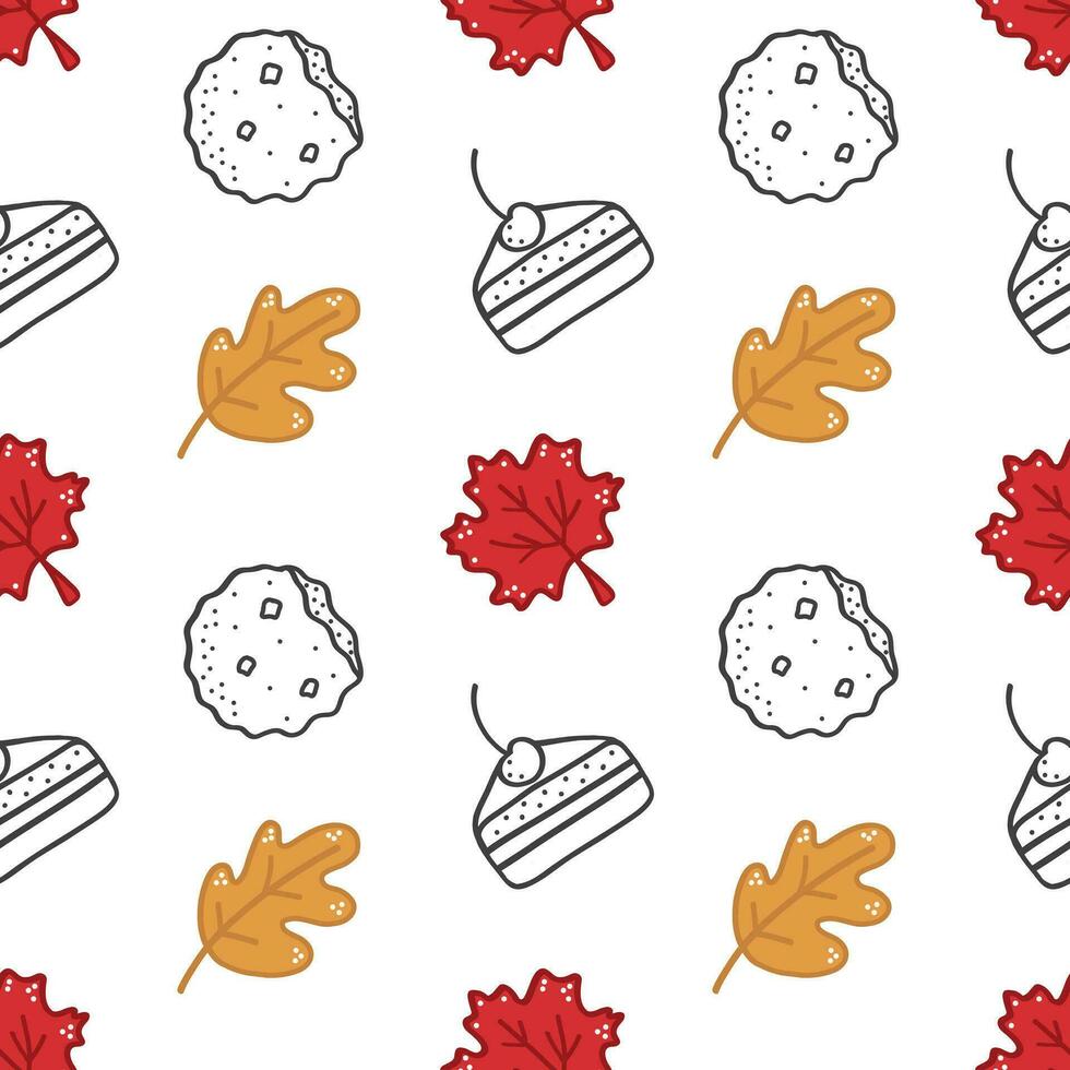 Sweet seamless pattern with autumn leaves oak, maple, orange, and cherry pie, cookies. For greeting card, wallpaper,  pattern fills, web page, background, invitation, gift paper. vector