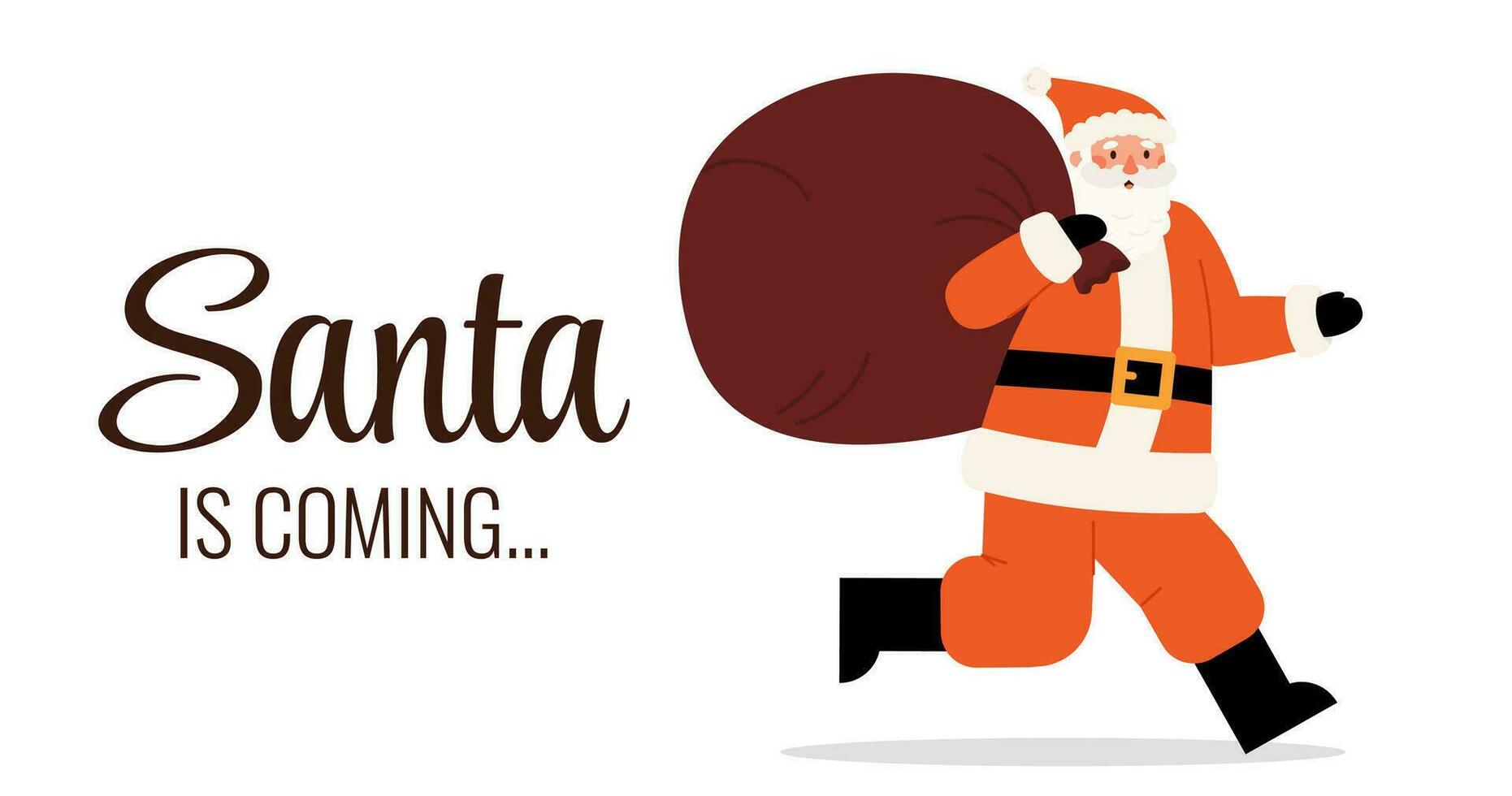Santa Claus running with big bag of gifts. vector
