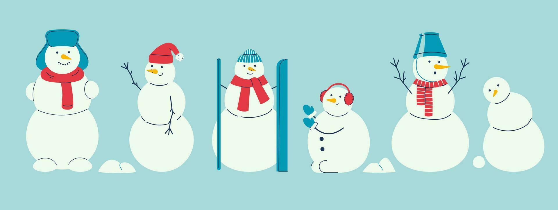 Set of Cute winter snowman in hat, bucket vector
