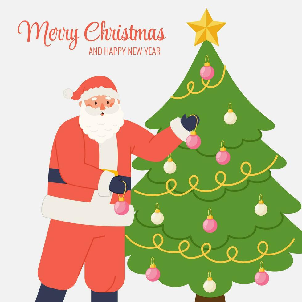 alegre Navidad saludo tarjeta postal con Papa Noel claus Decorar Navidad árbol vector