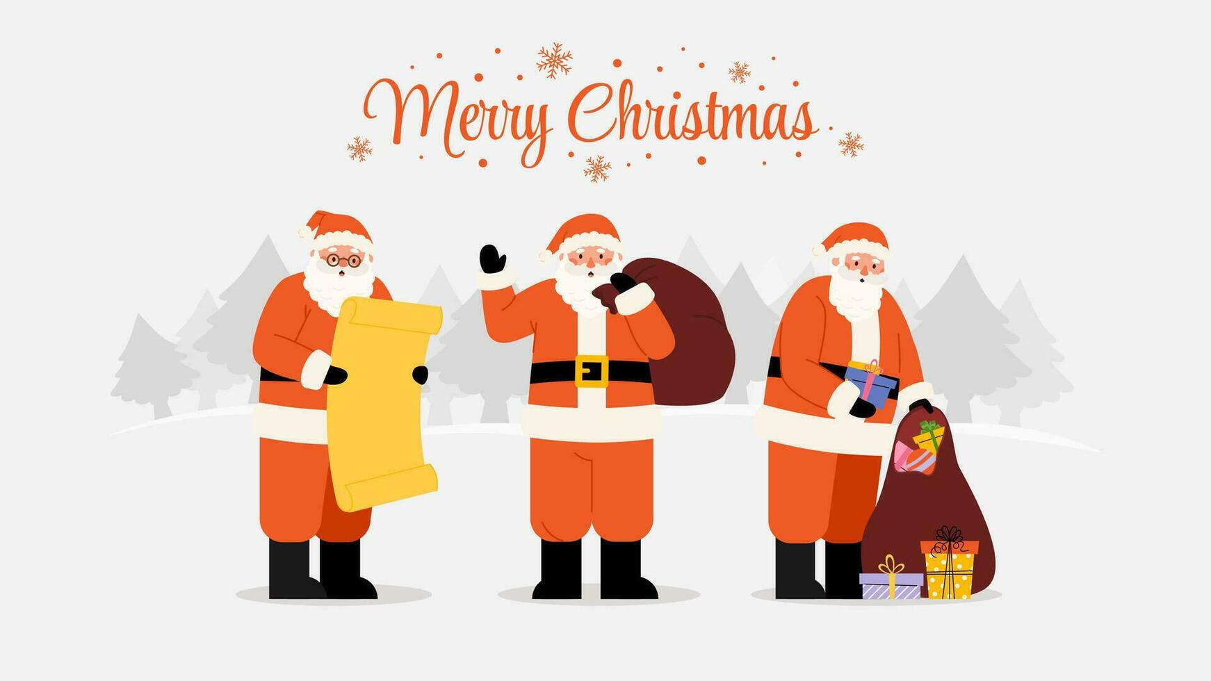 Merry Christmas template banner with three Santa Claus vector