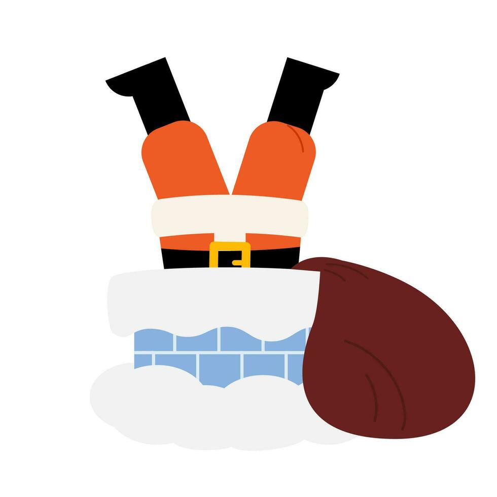 Santa Claus climbs down chimney with bag sack of gifts vector