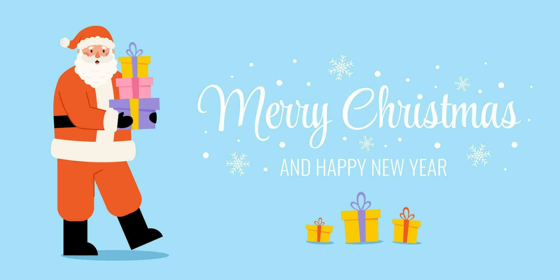 Merry Christmas template horizontal banner with happy Santa Claus carries gifts vector
