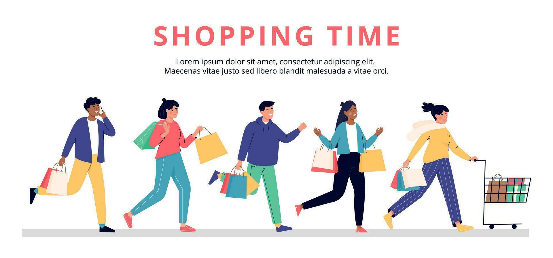 Promo banner with people run for shopping vector