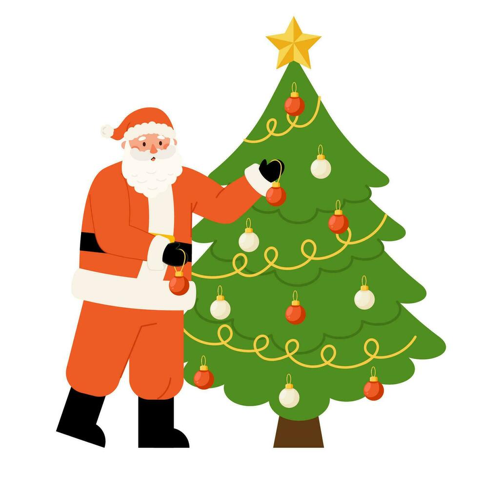 Happy Santa Claus character decorate Christmas Tree vector