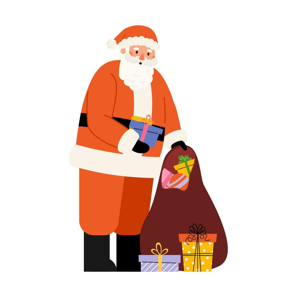 conjunto de Papa Noel personaje poniendo regalos en saco vector