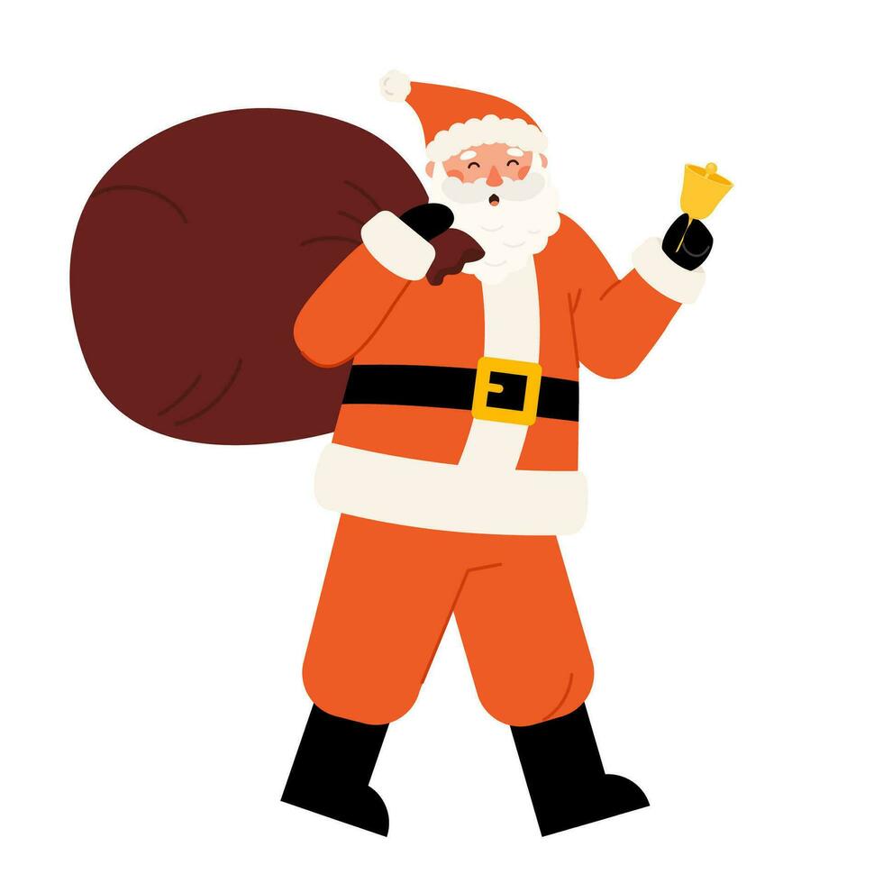 Set of Santa walk with Christmas bag and gold bell vector