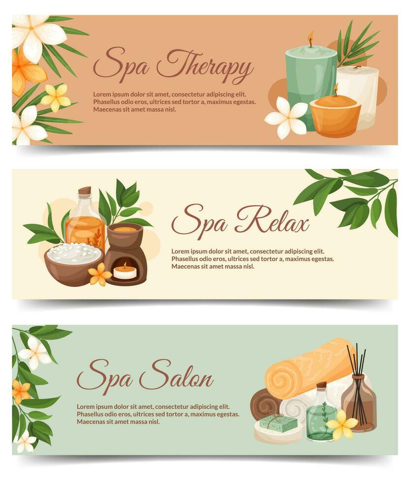 Spa salon design horizontal banners. Promotion template design with flowers, leaves, cosmetic bottles, aroma candles. Salon therapy, relax, natural products, beauty care vector illustration