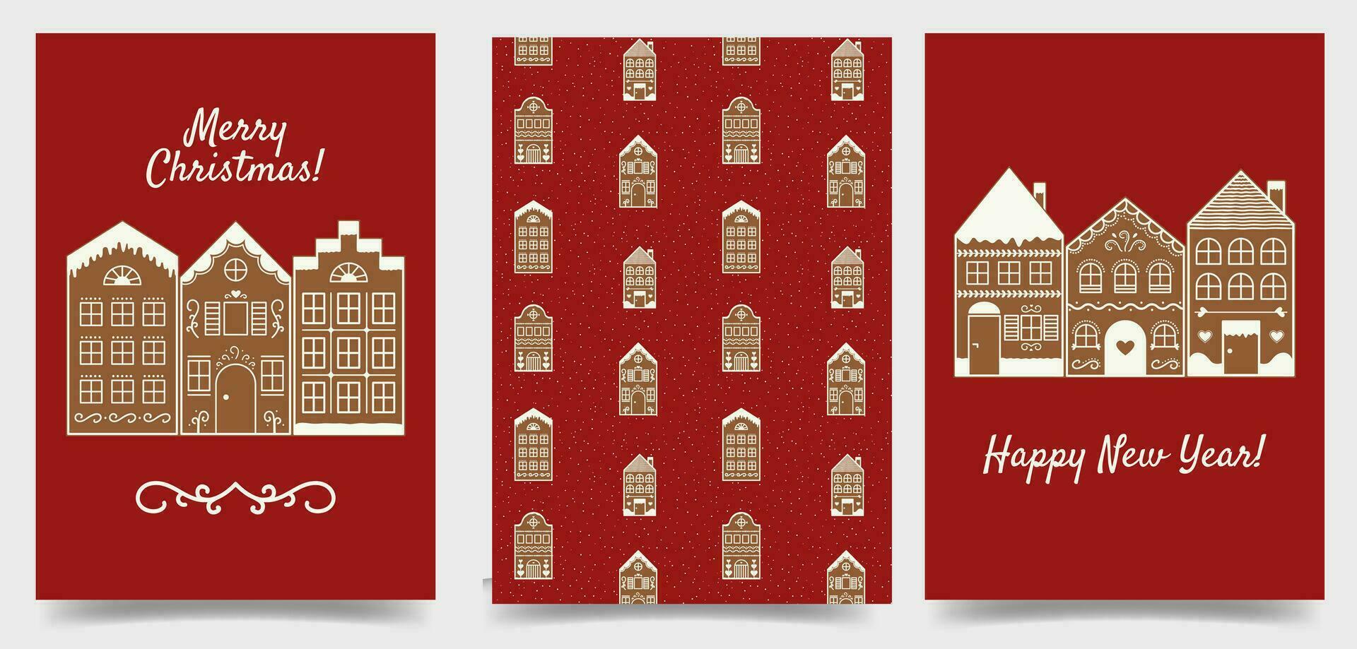 Navidad y nuevo año saludo tarjeta plantillas con pan de jengibre casas tarjeta postal con fiesta deseos en rojo antecedentes. festivo póster colocar. vector ilustración