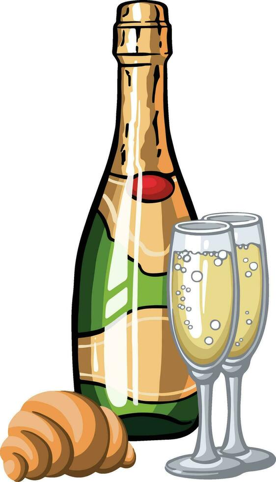 alcohol with champagne bottle, glasses and croissant colorful illustration vector