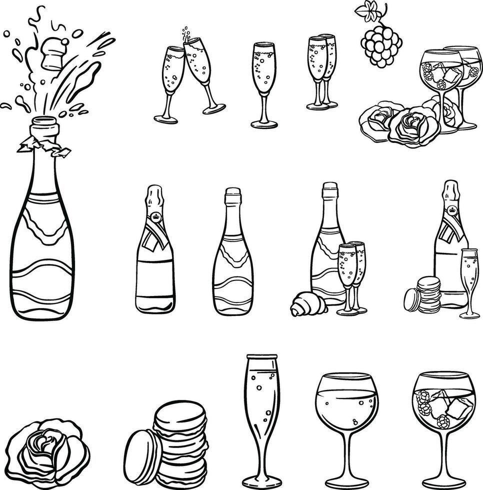 línea conjunto alcohol con champán, lentes de vino ilustración vector