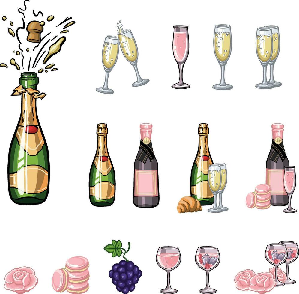 set of colored alcohol with champagne, glasses of wine illustration vector