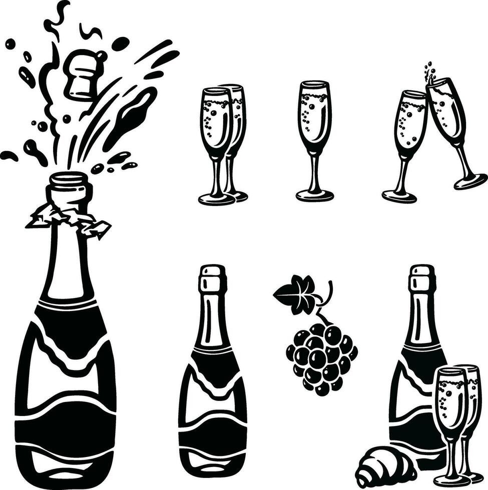 set of silhouettes with champagne, glasses of wine illustration vector