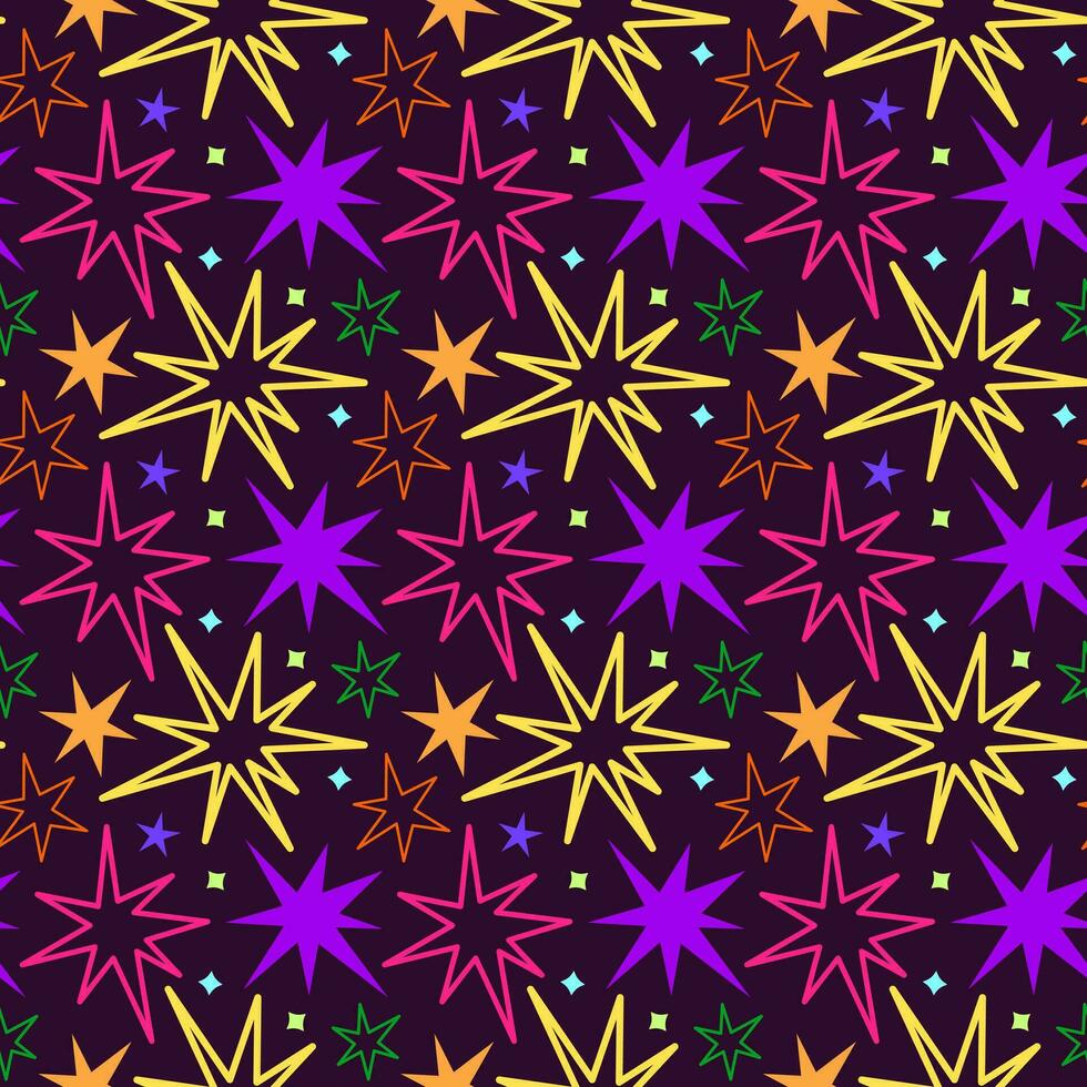 Vector seamless blue galaxy pattern with stars. Dark space background with bright colored stars for fabric, paper and design.