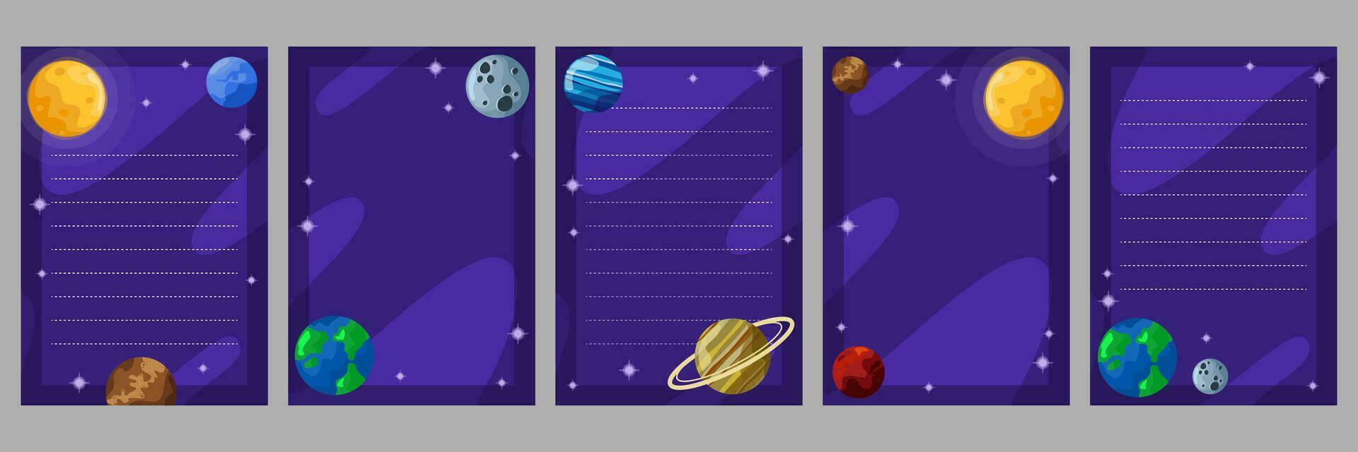 Vertical sheets for space-style notes. Outer space and planets. Design of postcards for decoration, notes, planning, invitations and notes vector
