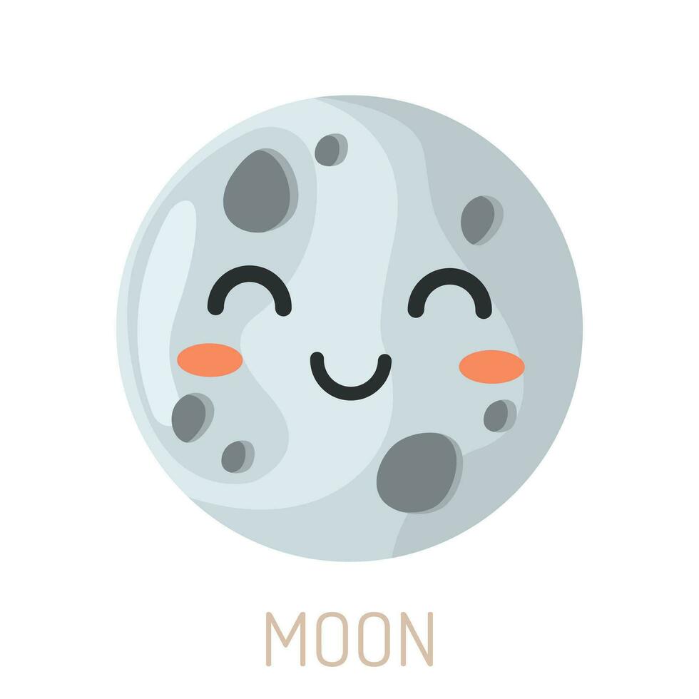 linda ilustración de el Luna en el estilo de kawaii un sonriente rostro. un niño imagen de el Luna con emoción. vector