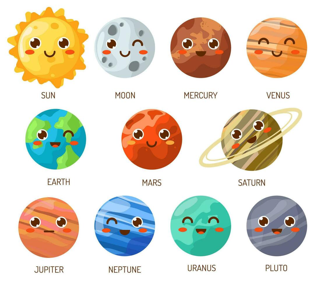 conjunto de kawaii espacio iconos planetas dibujos animados estilo. aislado en blanco antecedentes. vector ilustración.