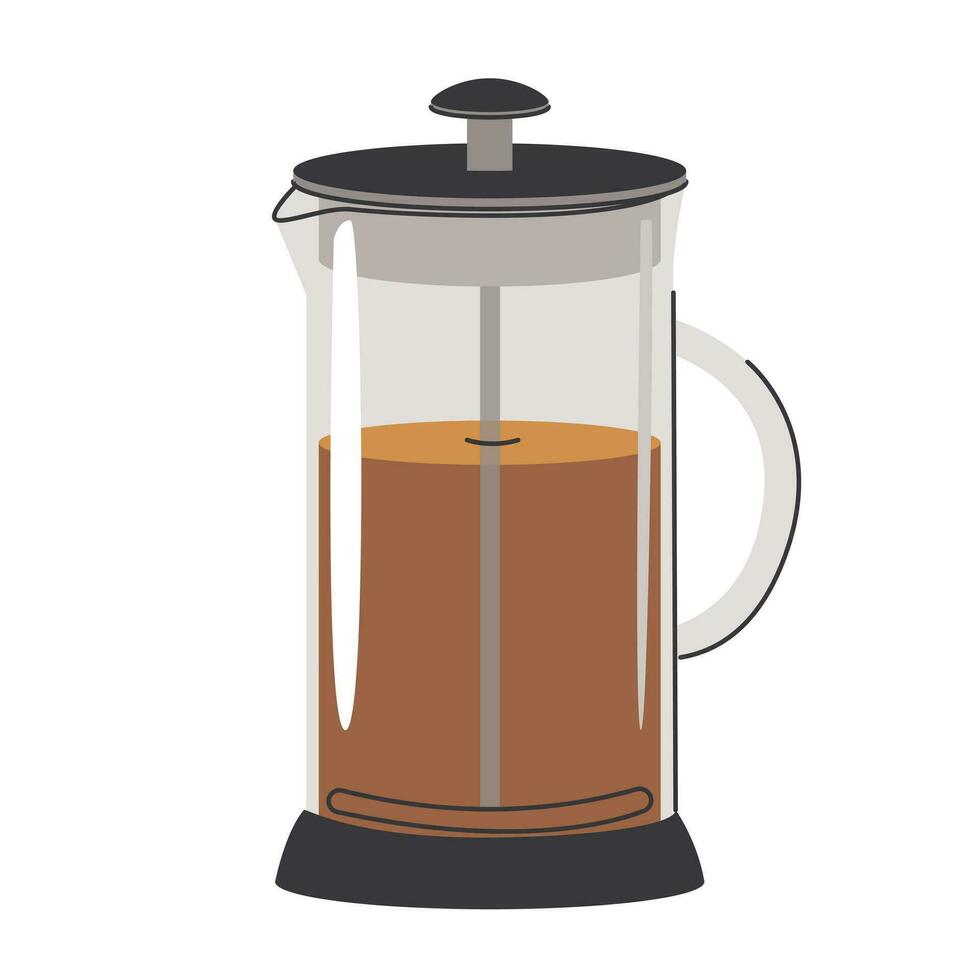 Flat illustration of a French press teapot. Design elements for a tea party and a shop. Vector illustration isolated on a white background